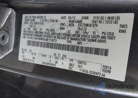 2013 Ford Escape Sel из США, поврежденный, VIN 1FMCU9H99DUB11973